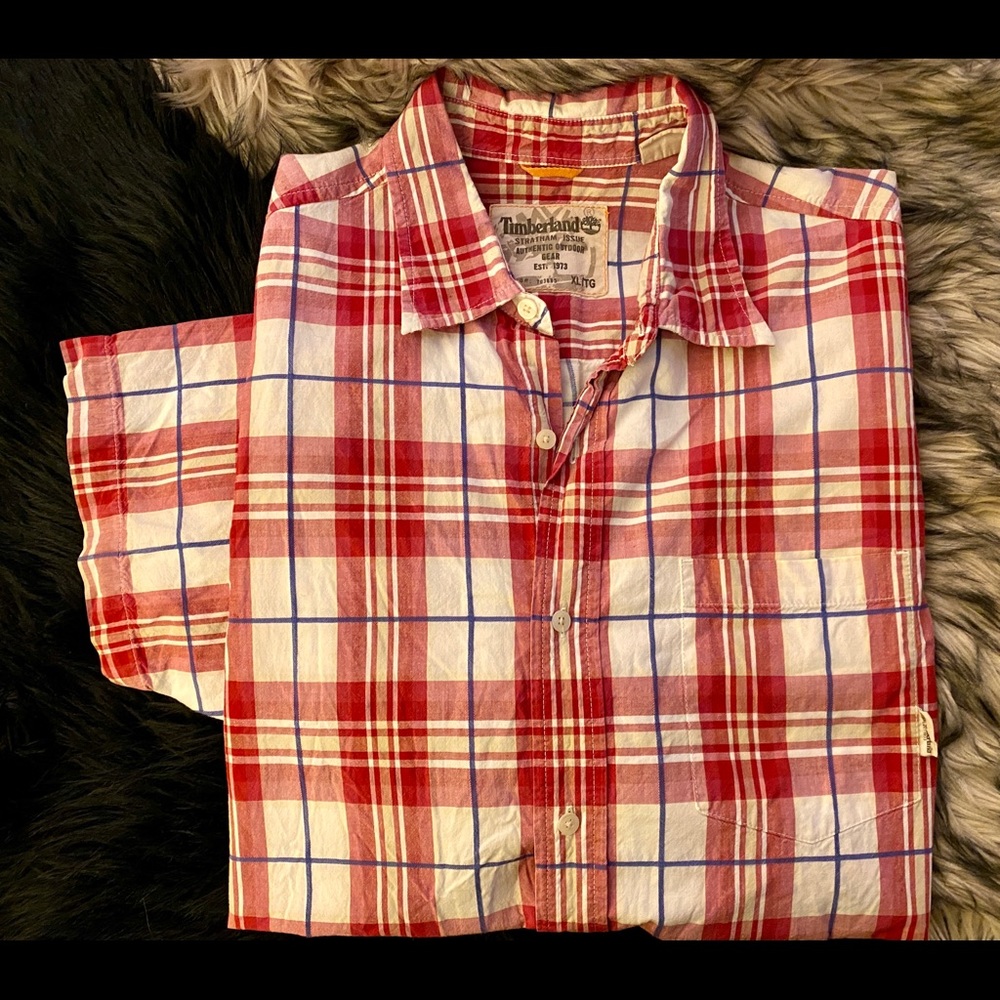 Timberland Men’s Red & White Plaid Cotton Button-Down Shirt!